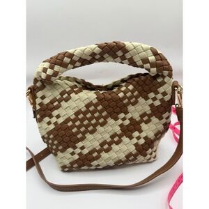 Moda Luxe Crossbody Bag Women Small Brown Cream Woven Checkerboard Vegan Leather